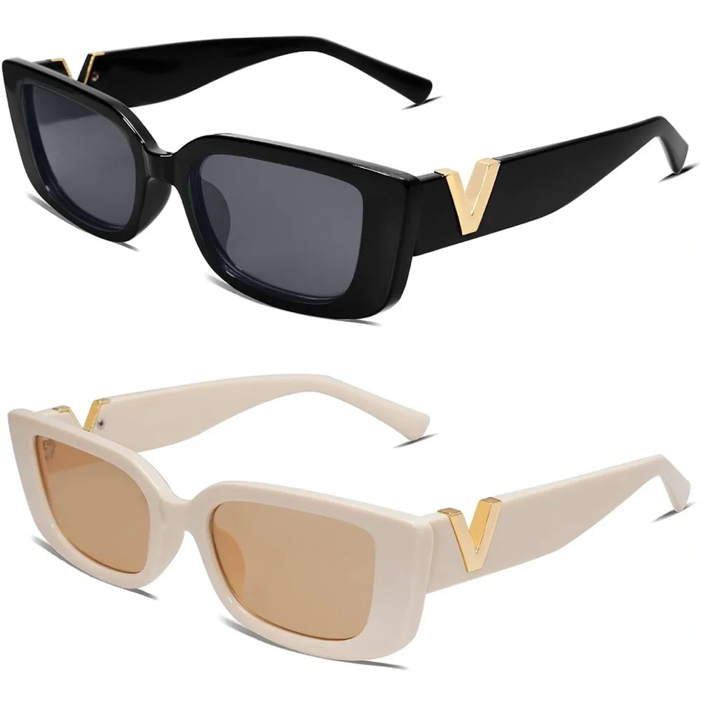 NIB/NWT • SET OF 2: Rectangular Sunglasses — Black & Cream with Gold Accents